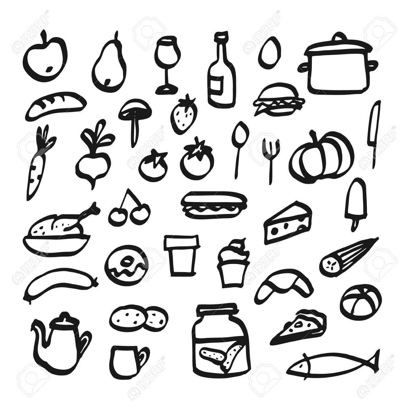 1300x1300 Set Of Doodle Icons Of Food, Drink And Kitchen Utensils, Isolated