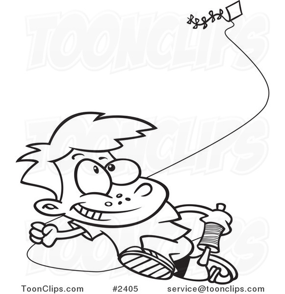 581x600 Cartoon Black And White Line Drawing Of A Boy Flying A Kite