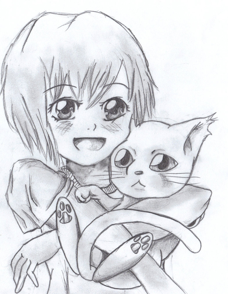 787x1016 Anime Girl With Kitten By Kbird13