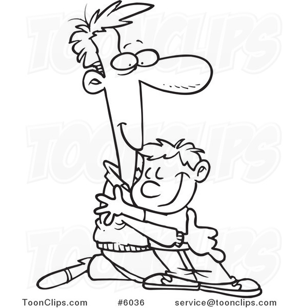 581x600 Cartoon Black And White Line Drawing Of A Father Kneeling To Hug
