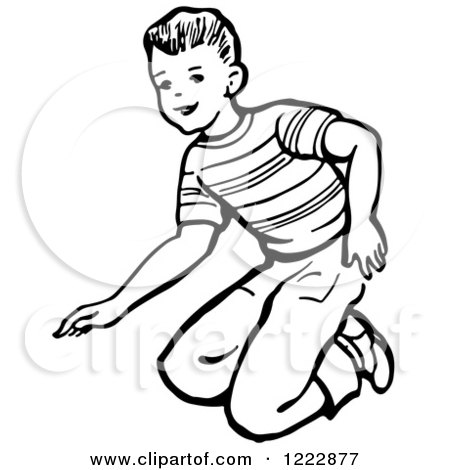 450x470 Clipart Of A Retro Boy Kneeling In Black And White