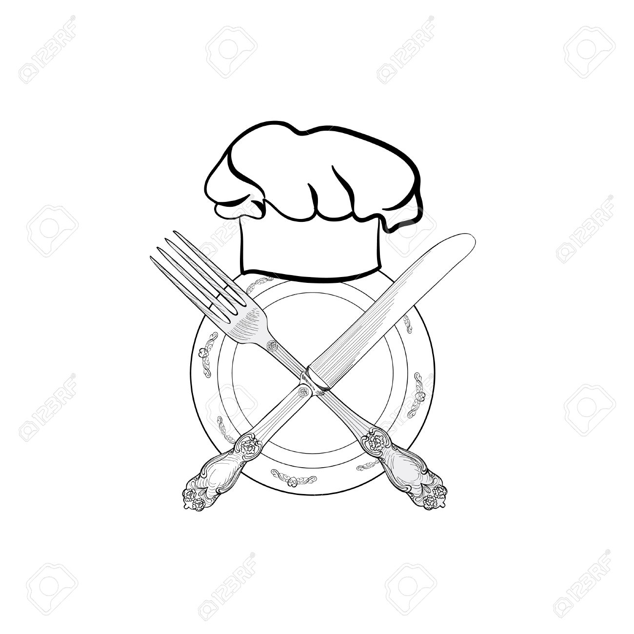 1300x1300 Chef Cook Hat With Fork And Knife Hand Drawing Sketch Label