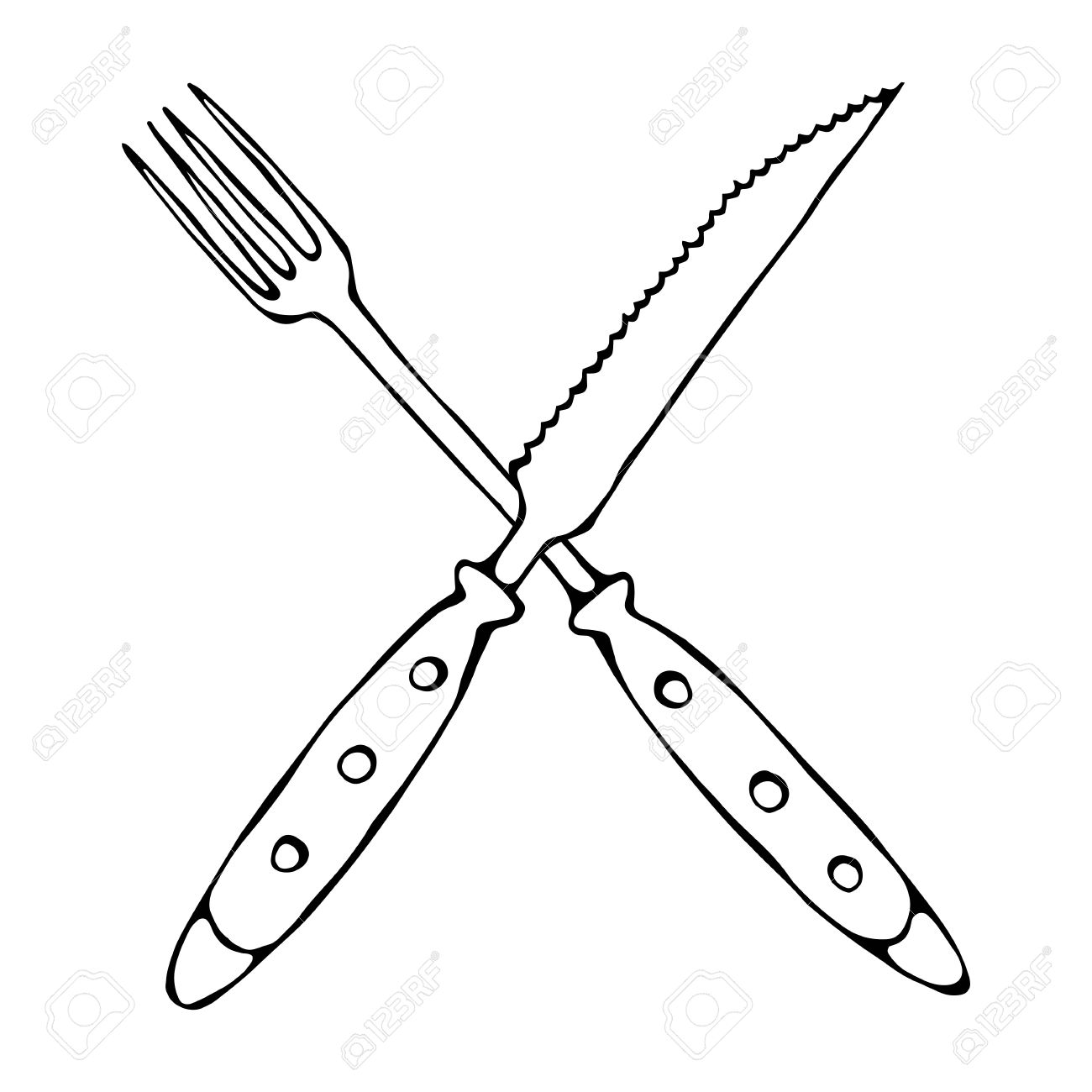 1300x1300 Crossed Fork Over Steak Knife. Food Icon. Realistic Doodle Cartoon