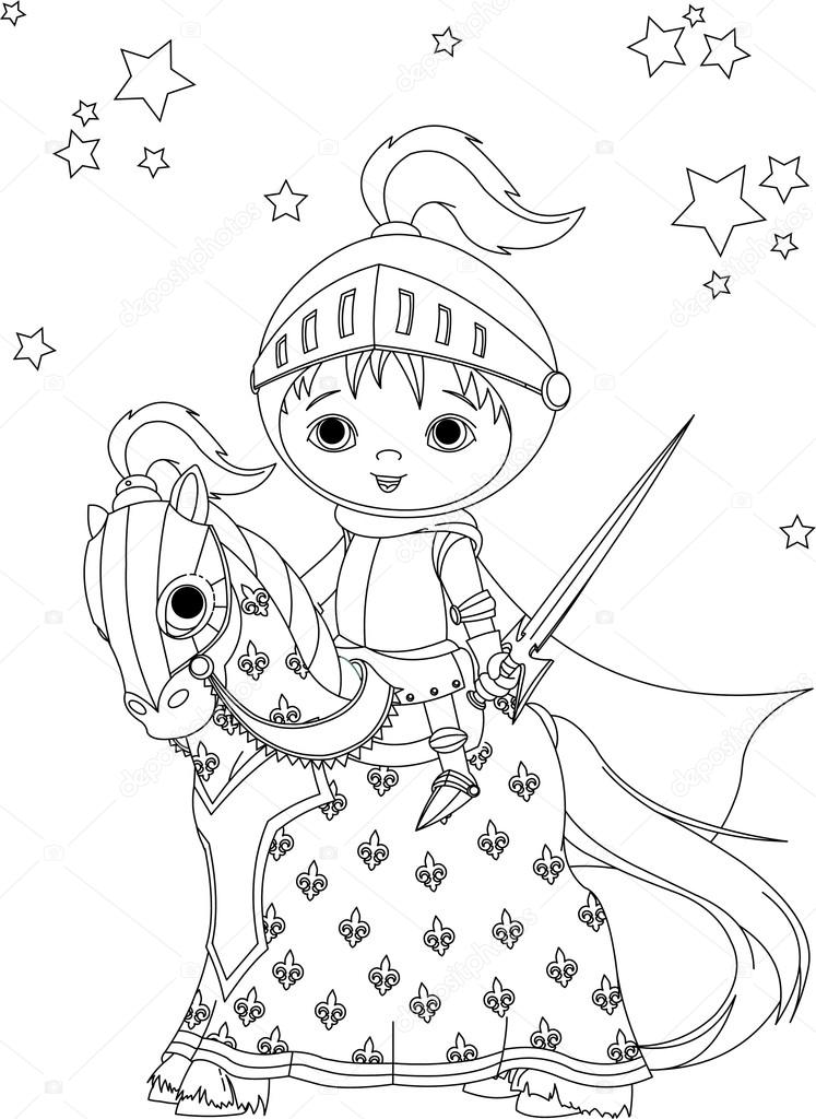 747x1024 The Brave Knight On The Horse Coloring Page Stock Vector