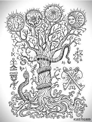 377x500 Black And White Drawing With Mystic And Christian Religious