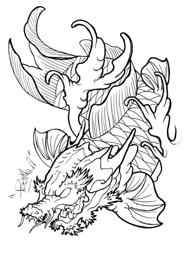 618x850 Angry Outline Fish Dragon Tattoo Design By Template Welsh Drawing