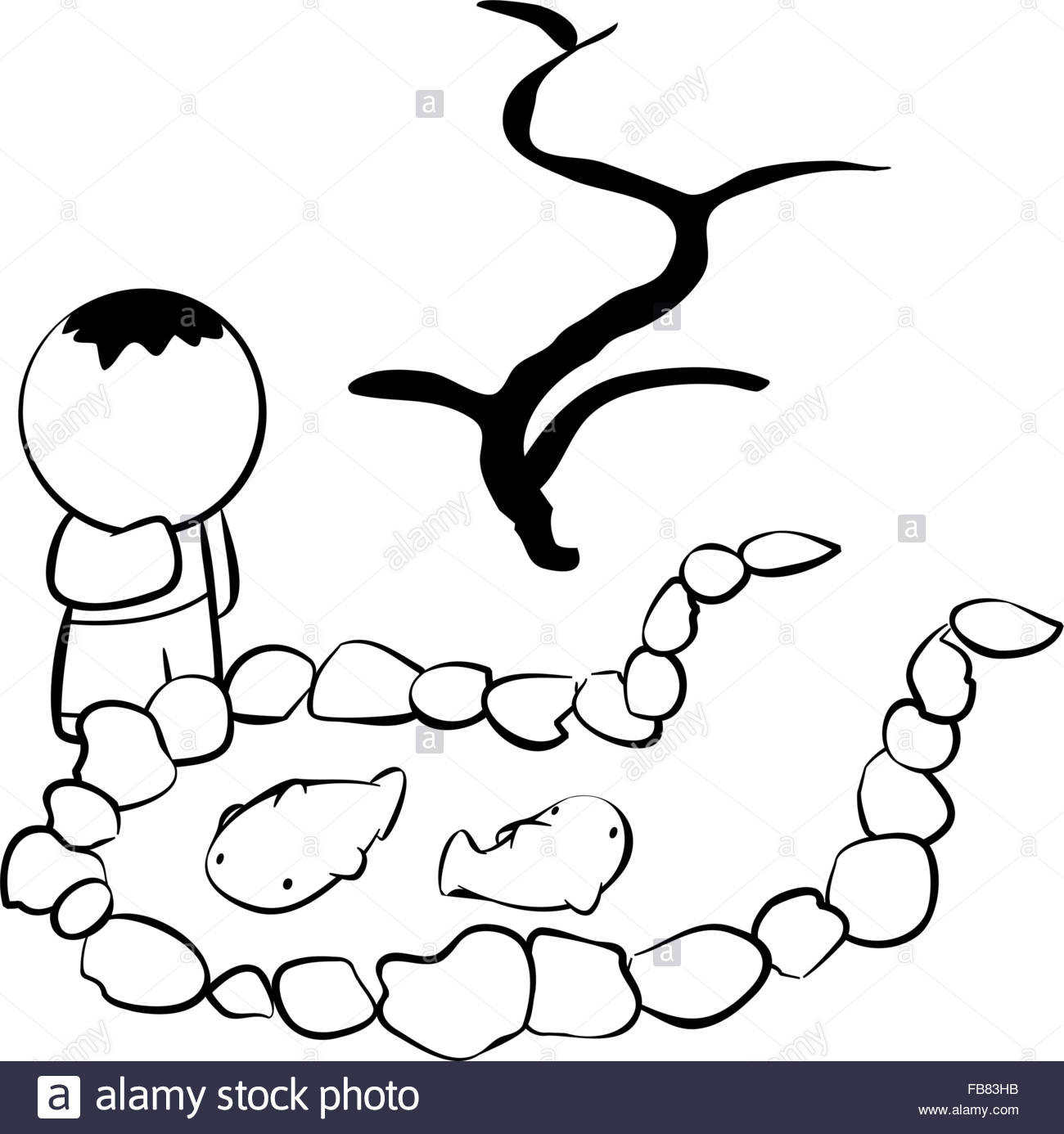 1300x1386 Line Drawing Of Little Boy By Koi Pond Stock Vector Art
