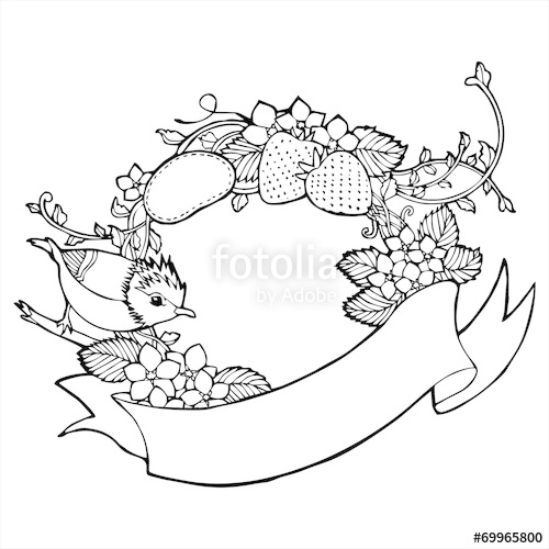 500x500 Bird Strawberry Flower Vine Label Drawing Vector Stock Image