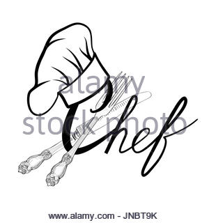 300x320 Chef Cook Hat With Fork And Knife Hand Drawing Sketch Label