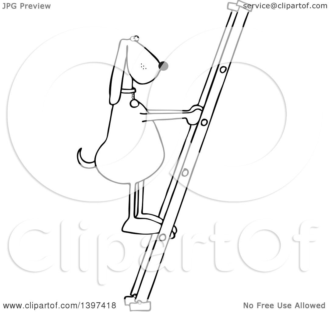1080x1024 Clipart Of A Cartoon Black And White Lineart Dog Climbing A Ladder