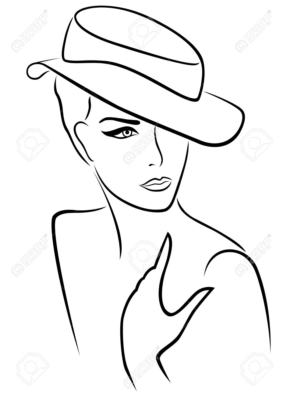975x1300 Elegant Young Lady In A Hat, Hand Drawing Black Vector Outline