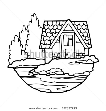 450x470 House With A Tiled Roof On The Lake, Contour Drawing On A White