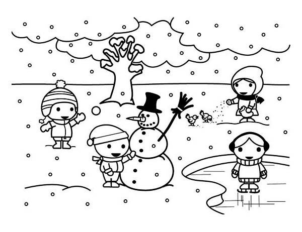 600x462 Childrens Playing Mr Snowman On Frozen Winter Season Lake Coloring