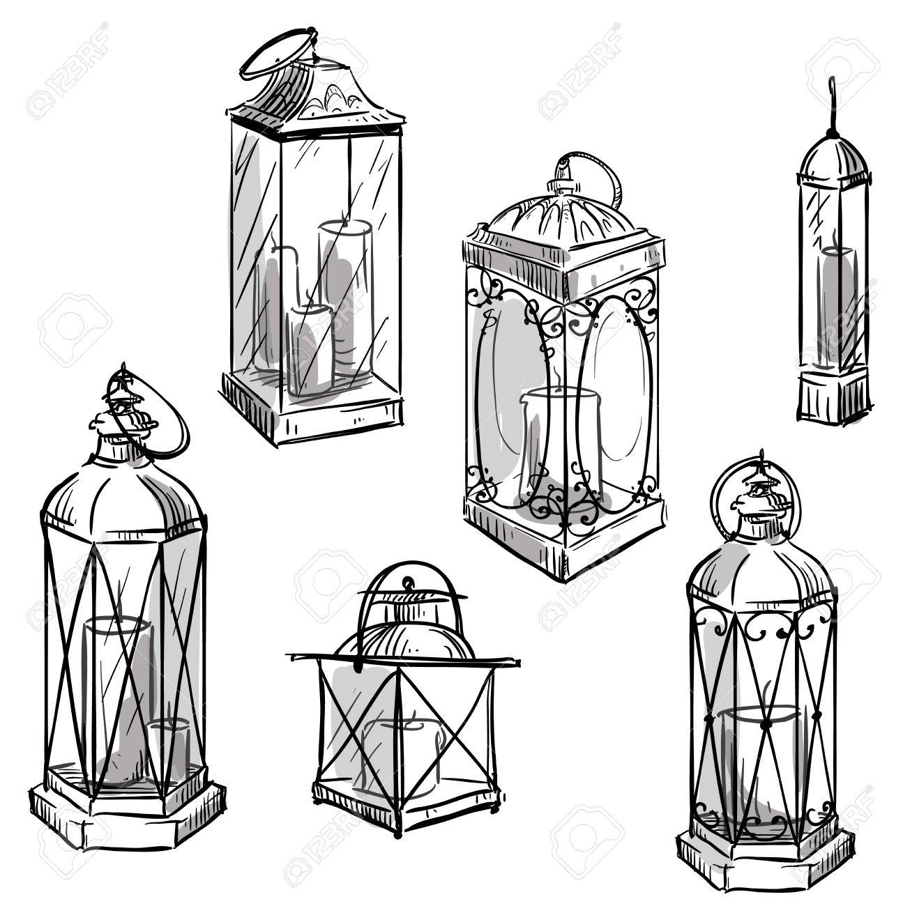 1295x1300 Set Of Hand Drawn Lanterns. Vector Sketch. Royalty Free Cliparts