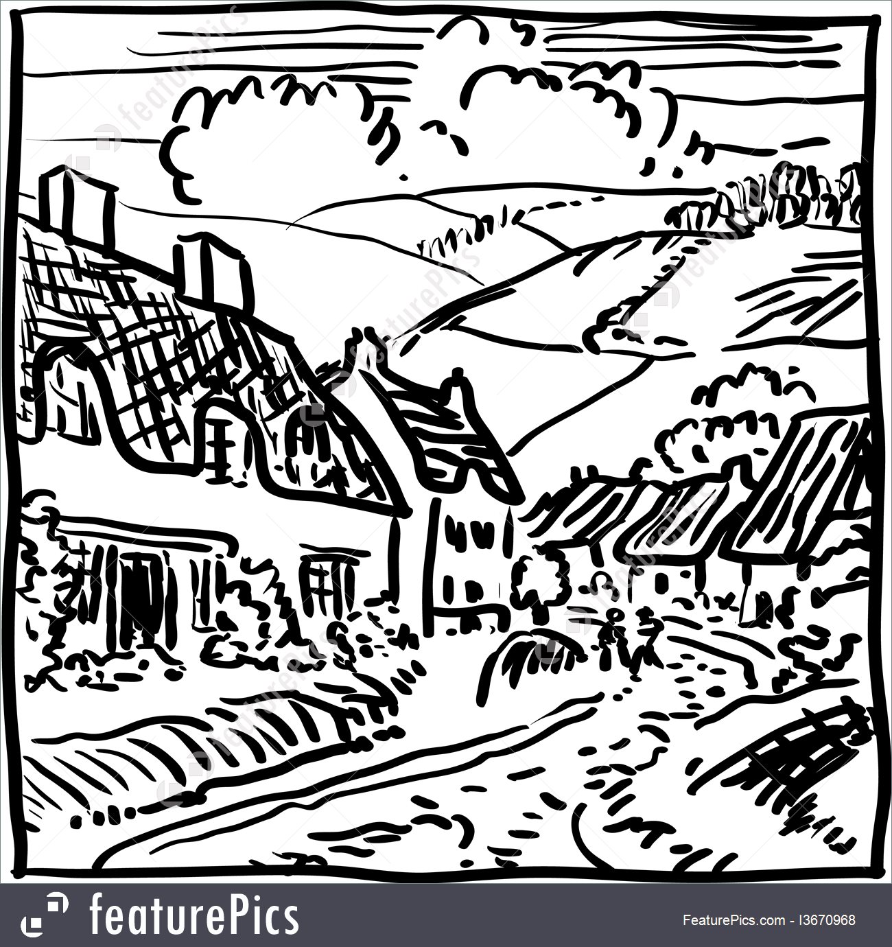 1300x1380 Village Landscape Illustration