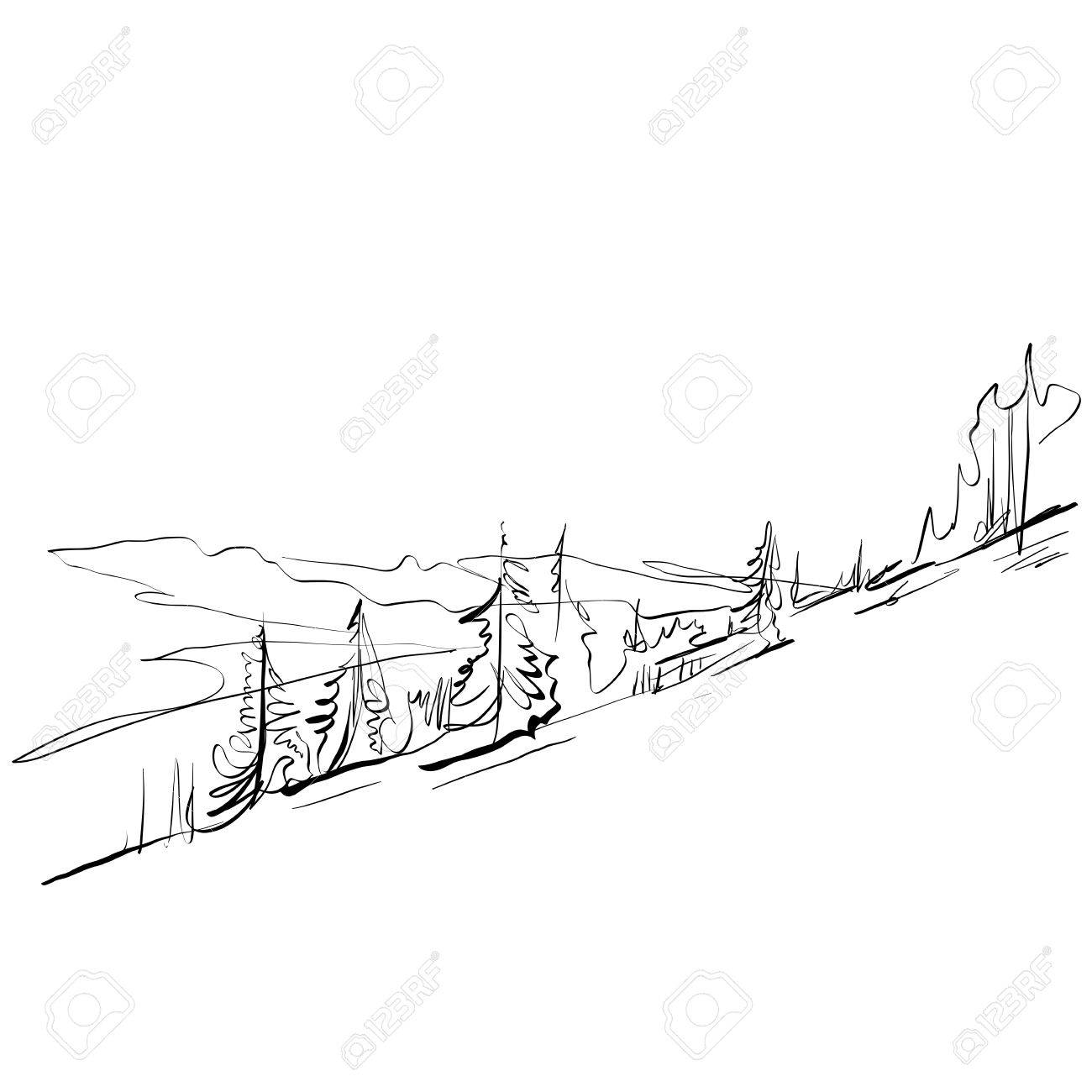 1300x1300 Black And White Hand Drawn Landscape, Illustrated Mountains