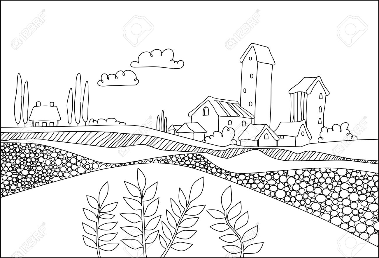 1300x888 Black White Village, Field And Plants In Cartoon Style. Italian