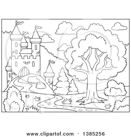450x470 Clipart Of A Black And White Lineart Castle Landscape