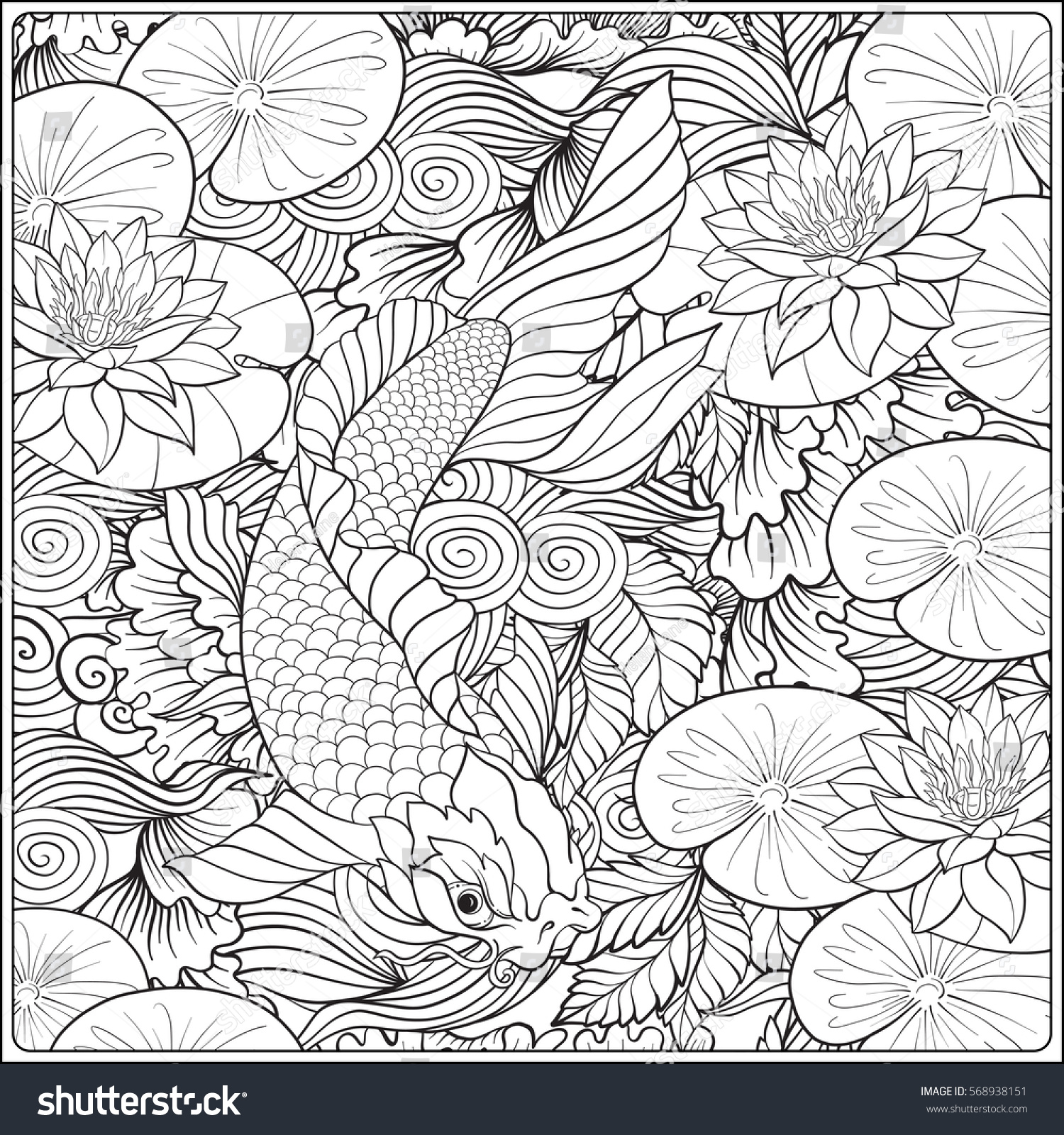 1500x1600 Japanese Landscape With Lotus And Fish. Outline Drawing Coloring