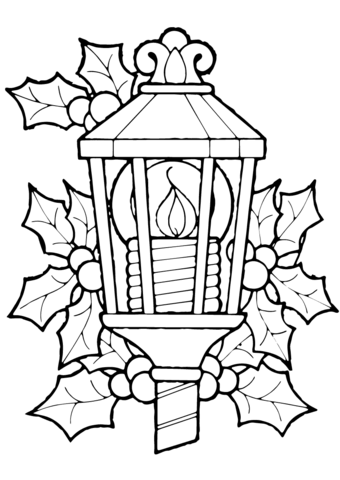 340x480 Christmas Lantern And Holly Coloring Page Free Printable