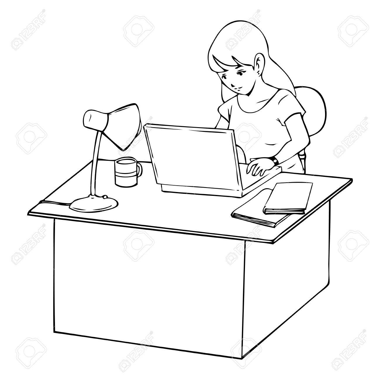 1300x1300 Line Art Illustration Of A Woman Working On Laptop Computer