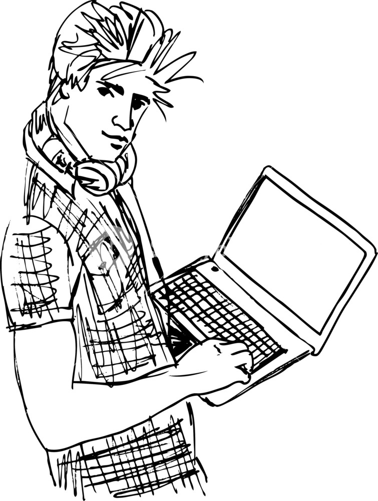 755x1000 Sketch Of Young Man With Laptop. Vector Illustration Royalty Free