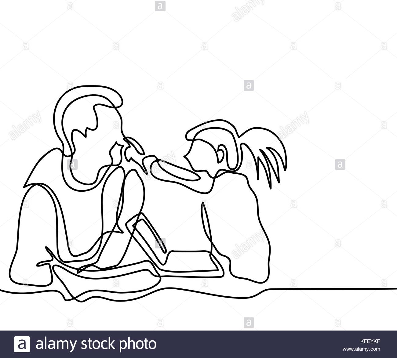 1300x1173 Father And Daughter Play With Laptop. Continuous Line Drawing