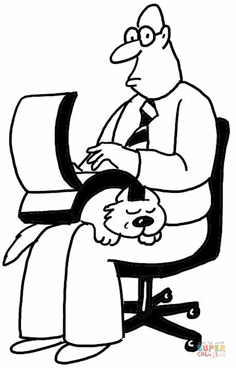 481x750 A Man Sitting On The Chair With Laptop And A Cat Coloring Page