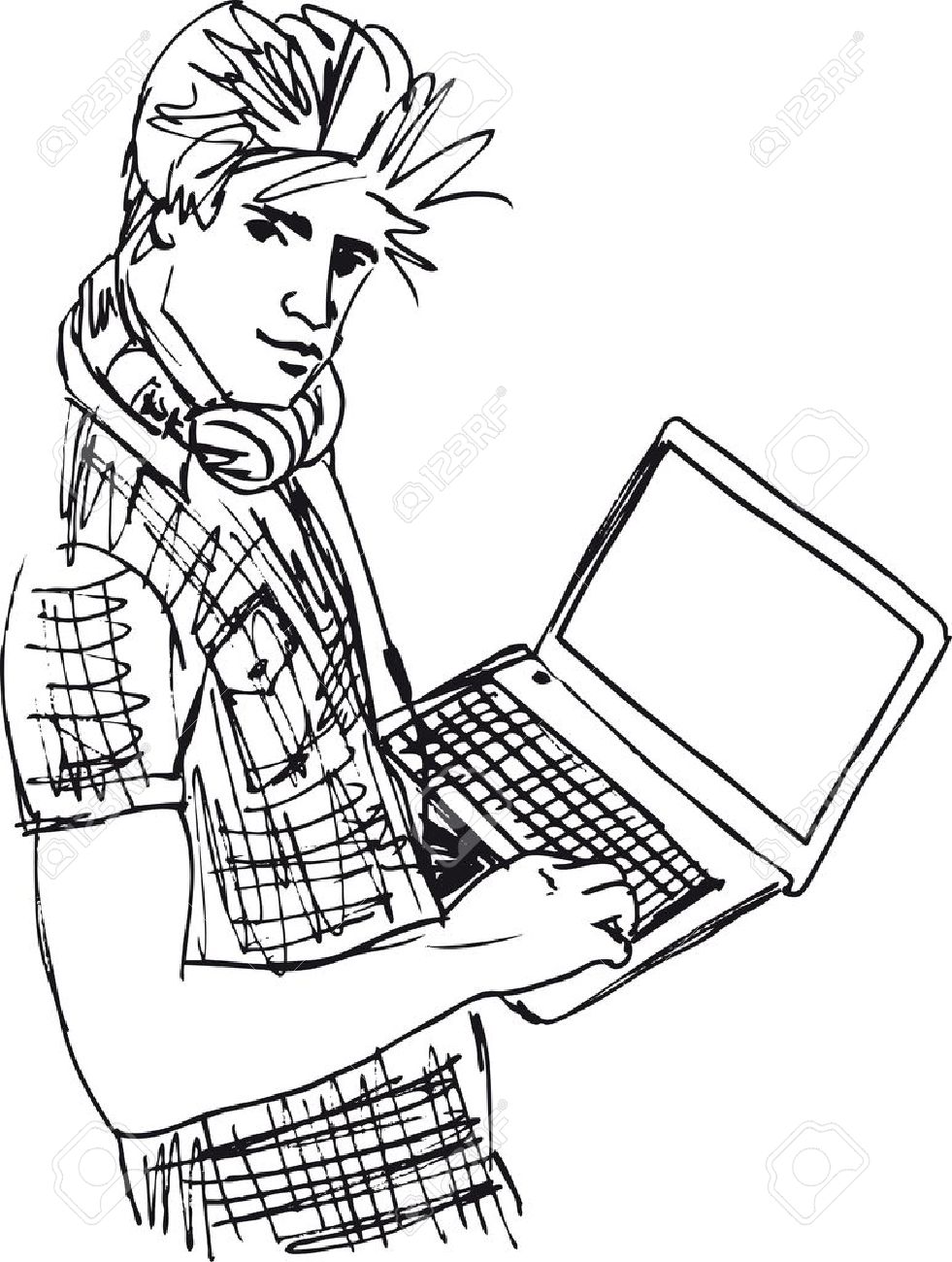 981x1300 Sketch Of Young Man With Laptop Vector Illustration Royalty Free