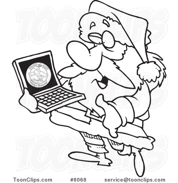 581x600 Cartoon Black And White Line Drawing Of Santa Carrying A Laptop