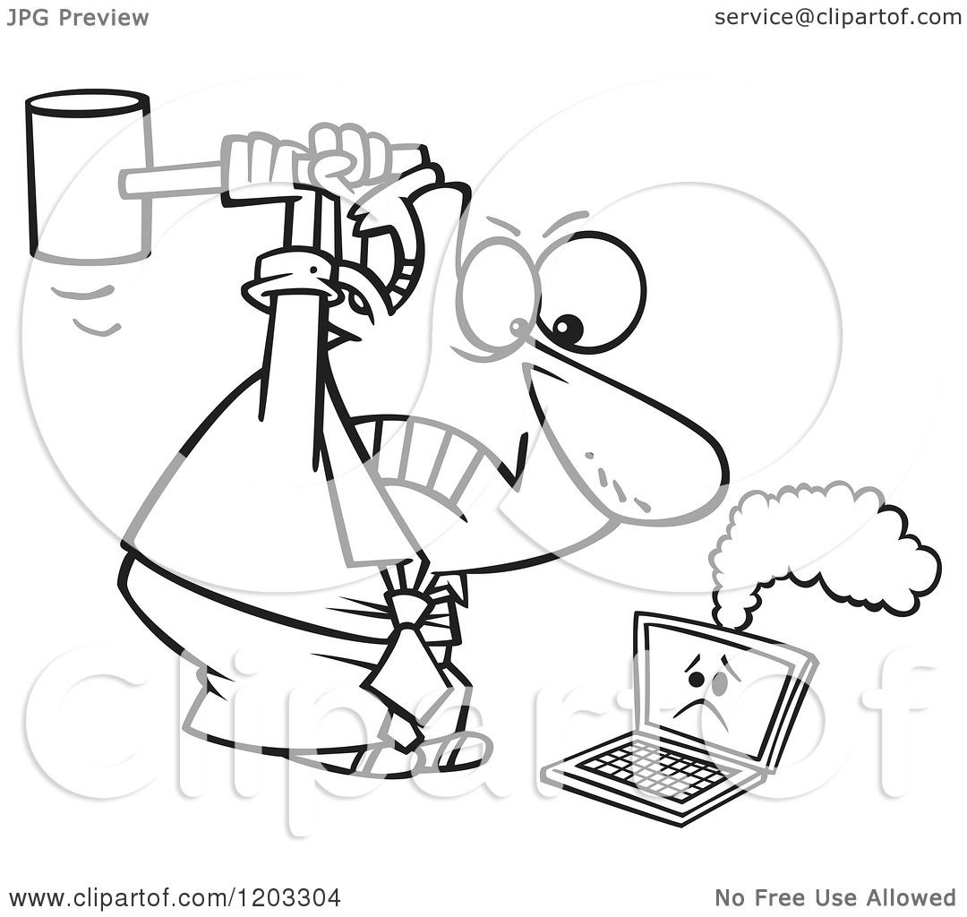 1080x1024 Cartoon Of An Outlined Angry Businessman Whacking A Broken Laptop