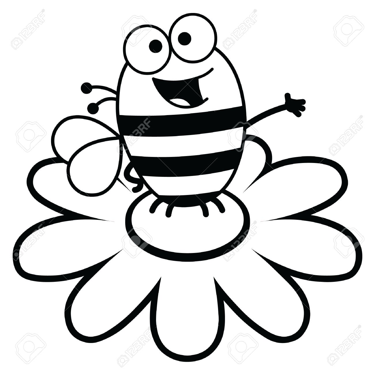 1300x1300 Black And White Cartoon Illustration Of A Bee Atop A Large Flower