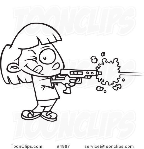 581x600 Cartoon Black And White Line Drawing Of A Girl Playing Laser Tag