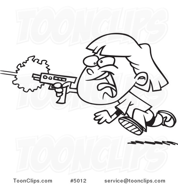 581x600 Cartoon Black White Line Drawing Of A Girl Shooting A Gun