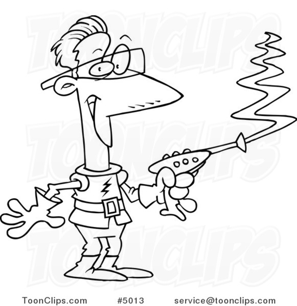 581x600 Cartoon Black And White Line Drawing Of A Space Guy Using A Laser