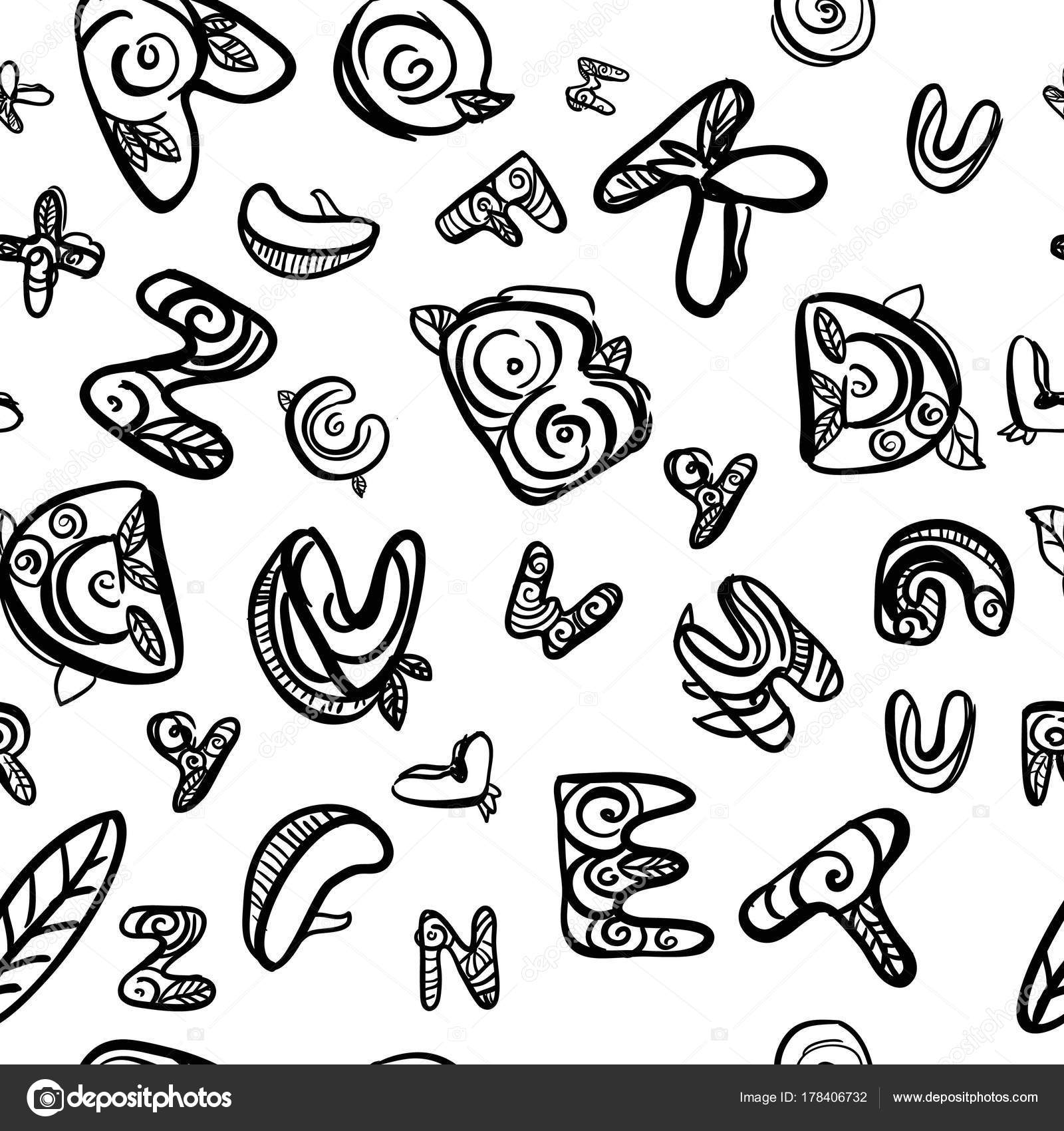 1600x1700 Hand Drawn Latin Font. Doodle Style. Flloral Symbols. Stock