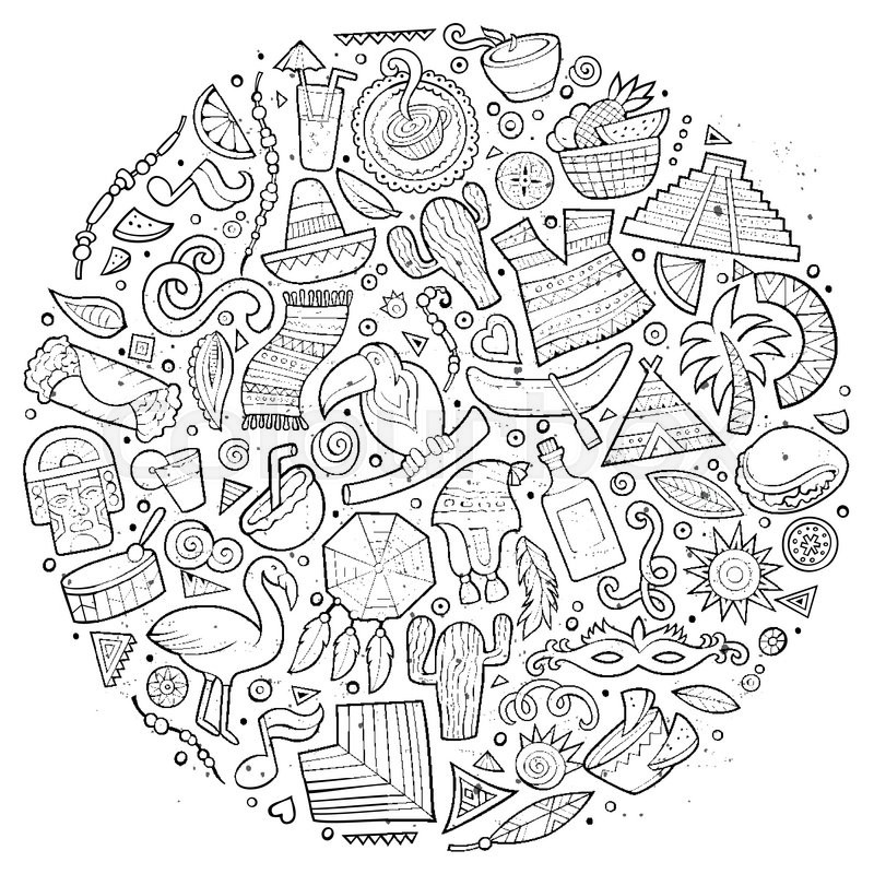 800x800 Line Art Vector Hand Drawn Doodle Cartoon Set Of Latin American