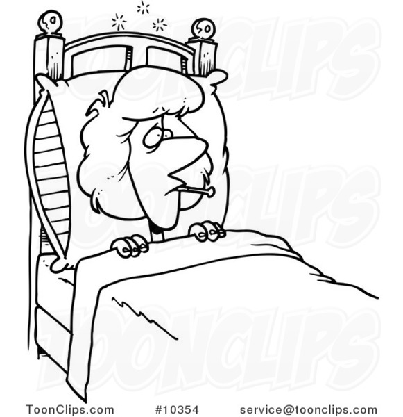 581x600 Cartoon Black And White Line Drawing Of A Sick Lady In Bed