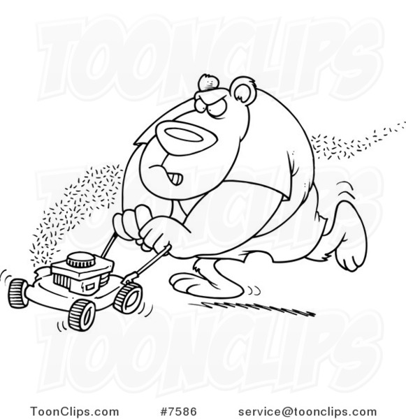 581x600 Cartoon Black And White Line Drawing Of A Bear Mowing His Lawn