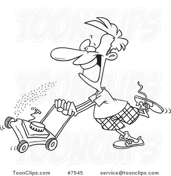 581x600 Cartoon Black And White Line Drawing Of A Guy Mowing His Lawn