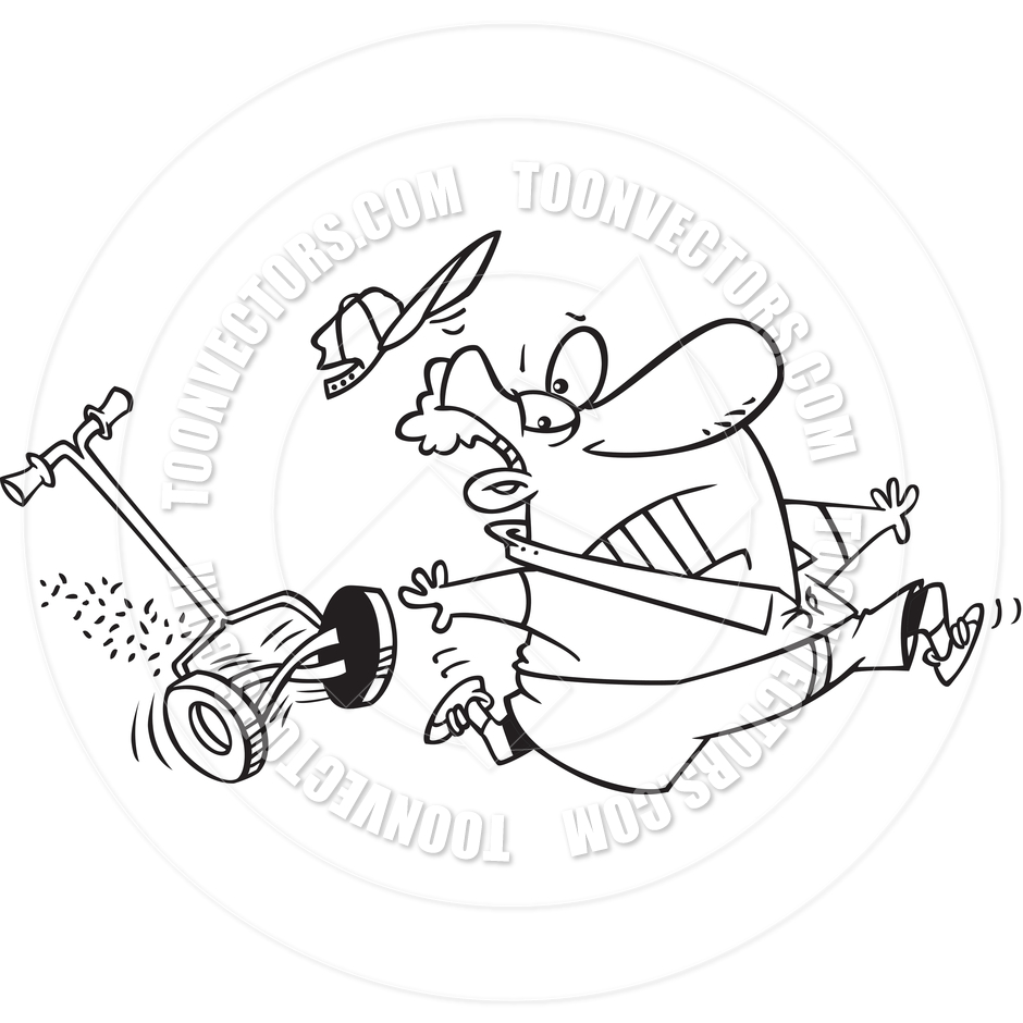 940x940 Cartoon Man Chased By A Lawn Mower (Black And White Line Art) By