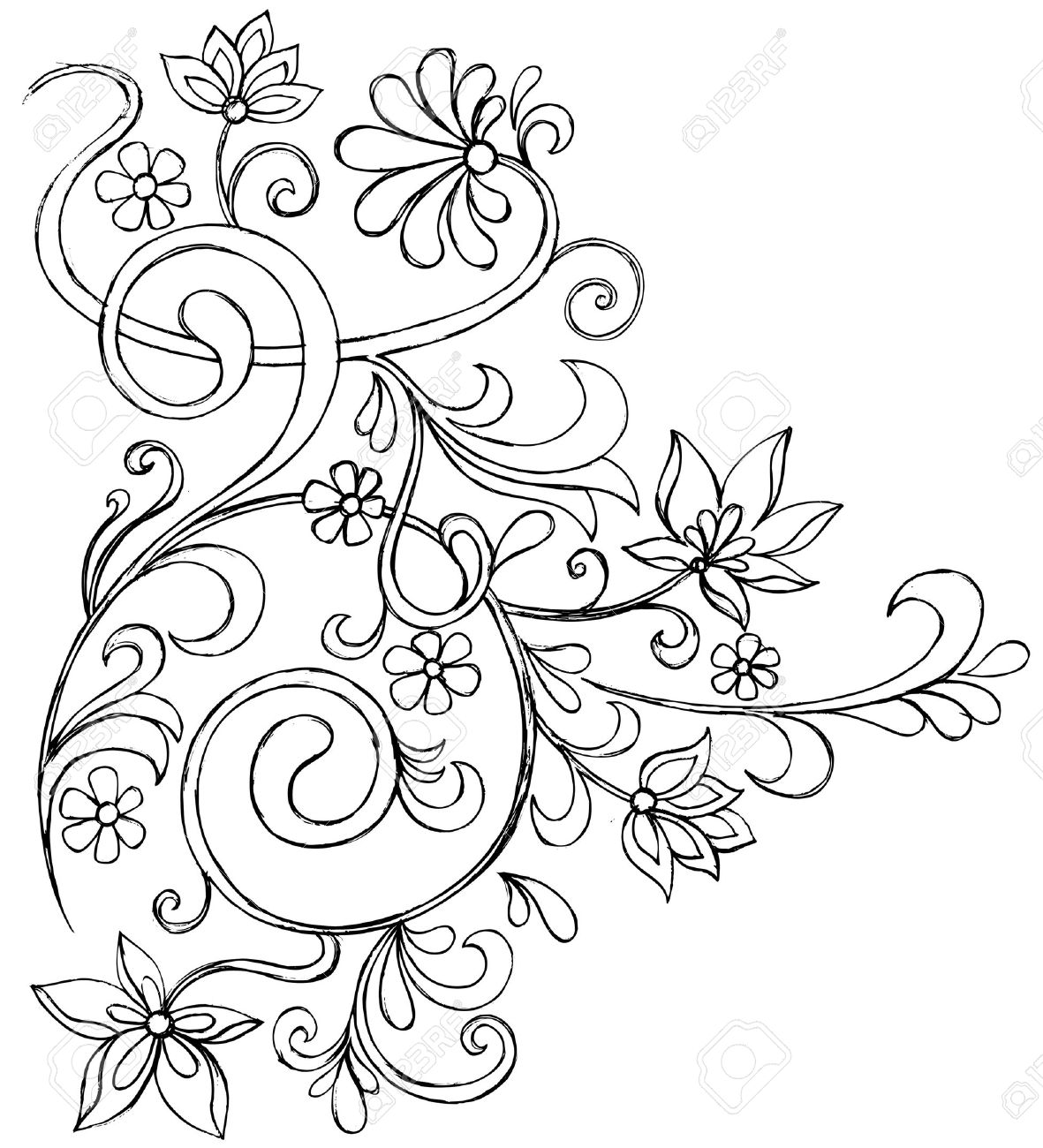1181x1300 Sketchy Doodle Vines And Flowers Scroll Vector Drawing Royalty