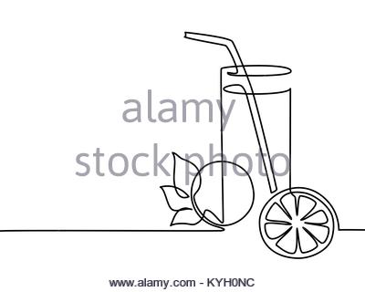 400x320 Continuous Line Drawing. Lemonade In A Glass With Lemon And Orange