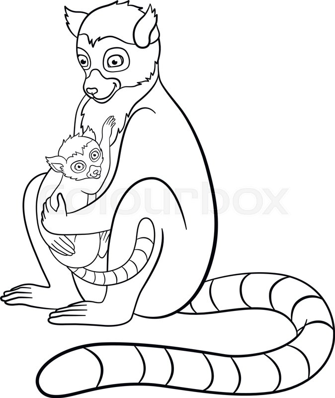 674x800 Coloring Pages. Mother Lemur Sits With Her Little Cute Baby
