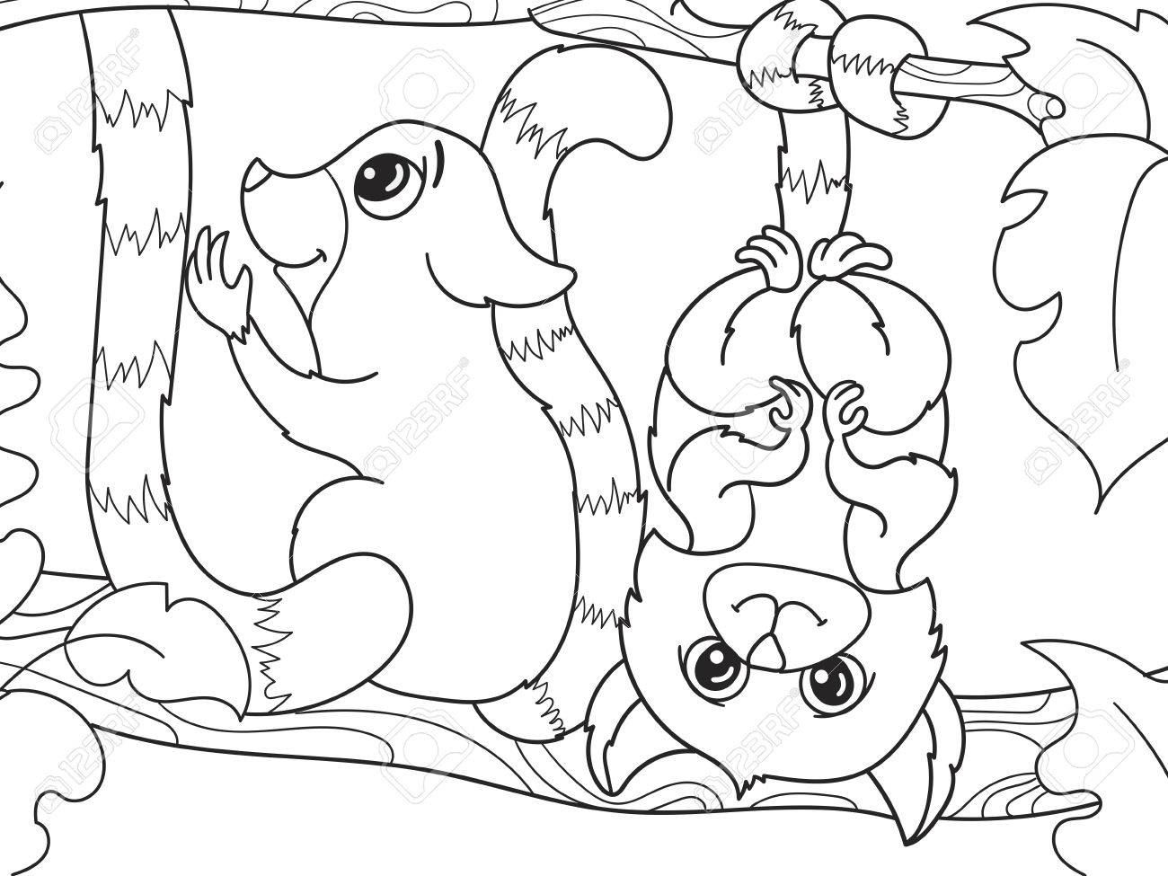 1300x975 Childrens Coloring Book Cartoon Family Of Lemurs On Nature.