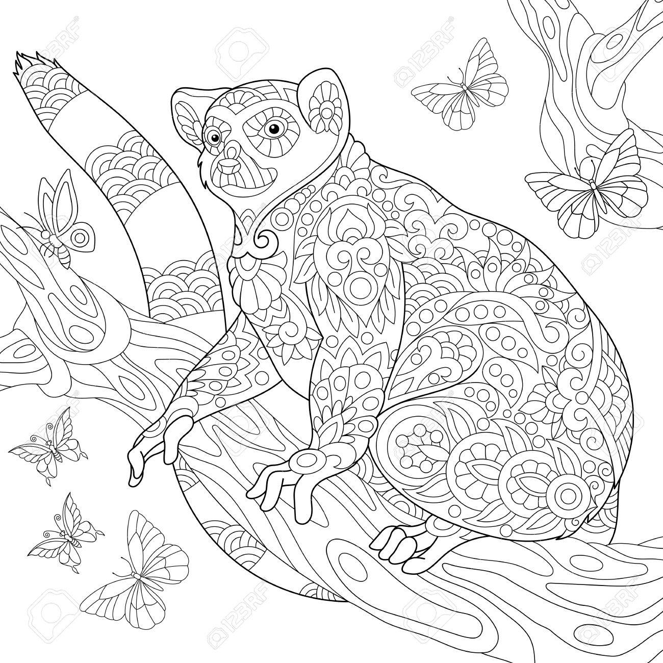 1300x1300 Coloring Page Of Madagascar Lemur Surrounded By Butterflies