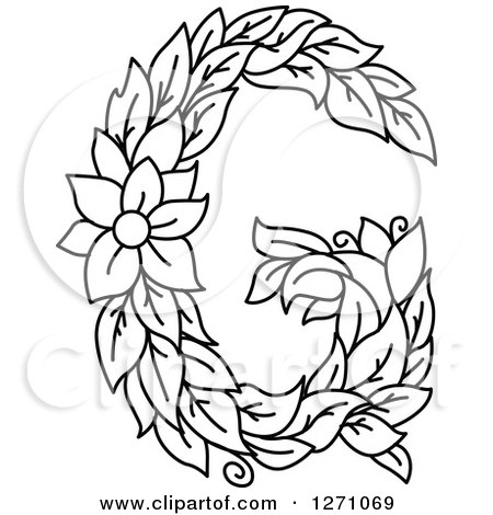 450x470 Clipart Of A Black And White Floral Capital Letter G With A Flower