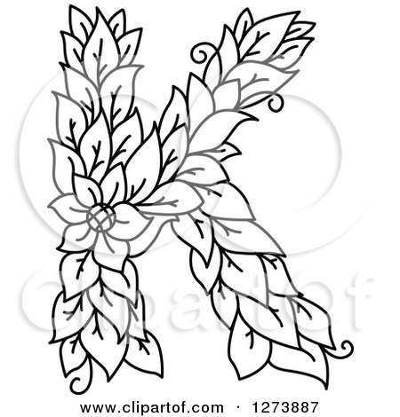450x470 Clipart Of A Black And White Floral Capital Letter K With A Flower
