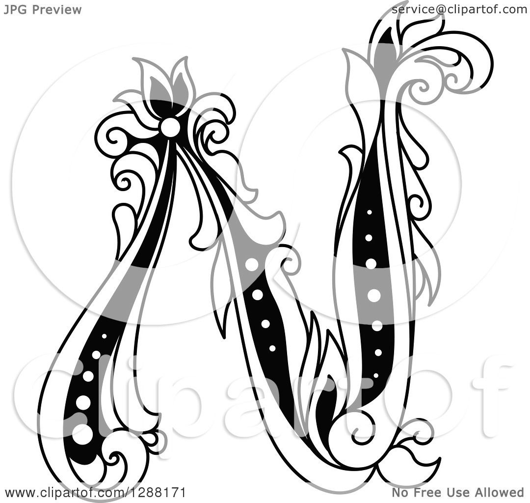 1080x1024 Clipart Of A Black And White Vintage Floral Capital Letter N
