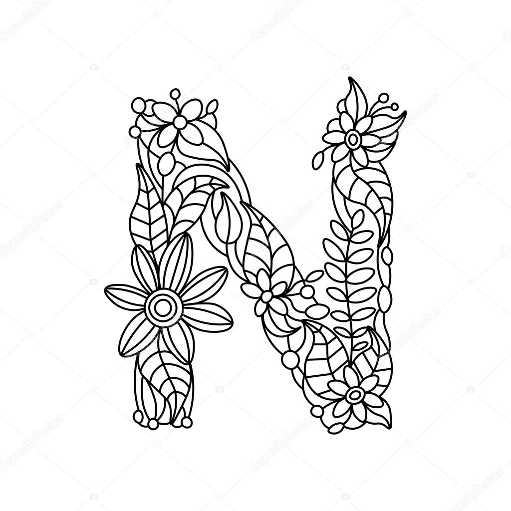 1024x1024 Letter N Coloring Book For Adults Vector Stock Vector